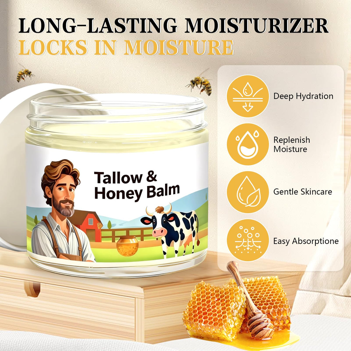 Kenmohuo 2PC Tallow and Honey Balm, Beef Tallow Skin Care Face Cream, Facial Balms Skincare, Handmade Natural Body Moisturizer for Smooth, Hydrated Skin (60g*2)