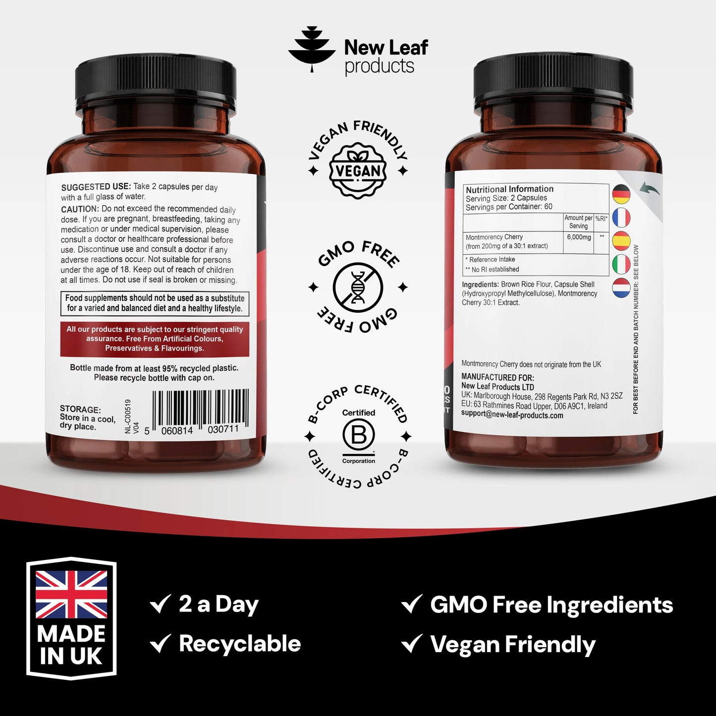 NEW LEAF PRODUCTS Montmorency Cherry 6000mg - 120 Capsules High Strength Concentrate - Natural Tart Cherry Vegan Supplements (not Tablets or Powder) - Non-GMO, 2 Months Supply - (2 per Serving) Made in the UK