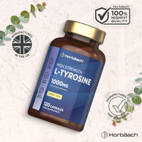 Horbäach L-Tyrosine Supplement 1000mg | 120 Vegan Capsules | Fermented High Strength Supplement | Free Form Amino Acid | by Horbaach