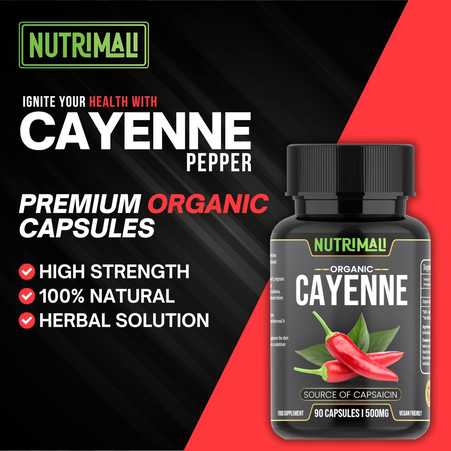 NutriMali Cayenne Pepper Organic - 90 Vegan Capsules | High Strength Up to 1500mg | Natural Herbal Supplement | Zero Fillers 100% Natural & Eco Friendly Packaging