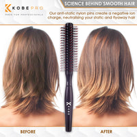 Kobe Professional Small Round Hair Brush and Quiff Roller for Men | Black 15mm 8-Row Double Bristles | Comfort Ball-Tipped Pins, Non-Slip Grip, Anti-Static Volumising Styling Tool Barber Supplies