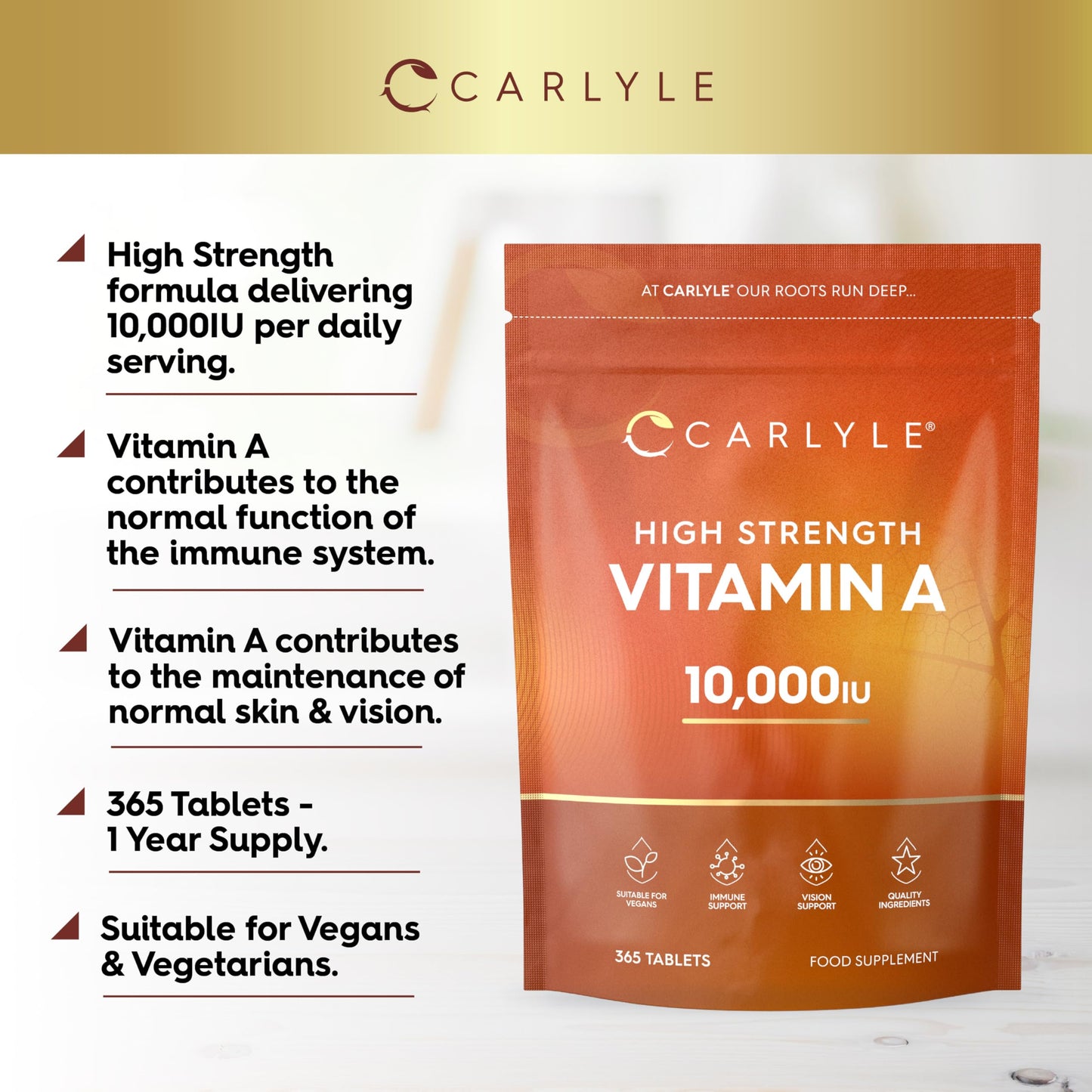Vitamin A Tablets 10000 IU | 365 Count (1 Year Supply) | Vitamin A as Retinol Acetate | High Strength | Vegan and Vegatarian | By Carlyle