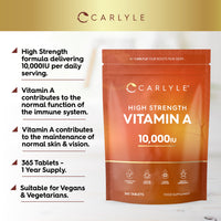 Vitamin A Tablets 10000 IU | 365 Count (1 Year Supply) | Vitamin A as Retinol Acetate | High Strength | Vegan and Vegatarian | By Carlyle