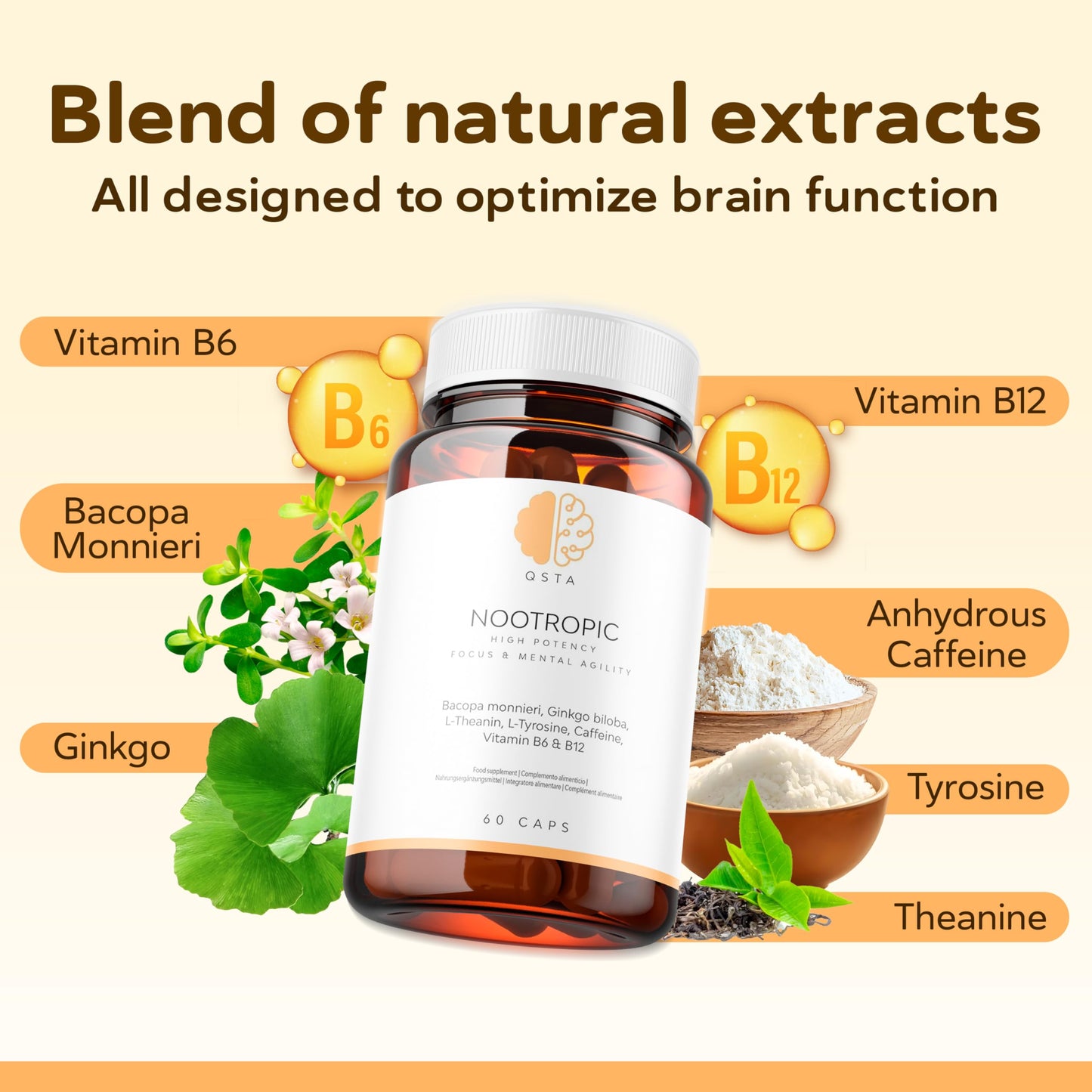 QSTA Nootropics Brain Supplement, Unique High Potency Cognitive Enhancer for Energy, Focus, Brain Function, Mental Alertness & Memory with Bacopa Monnieri, Ginkgo, Tyrosine, Theanine, Brain Vitamins
