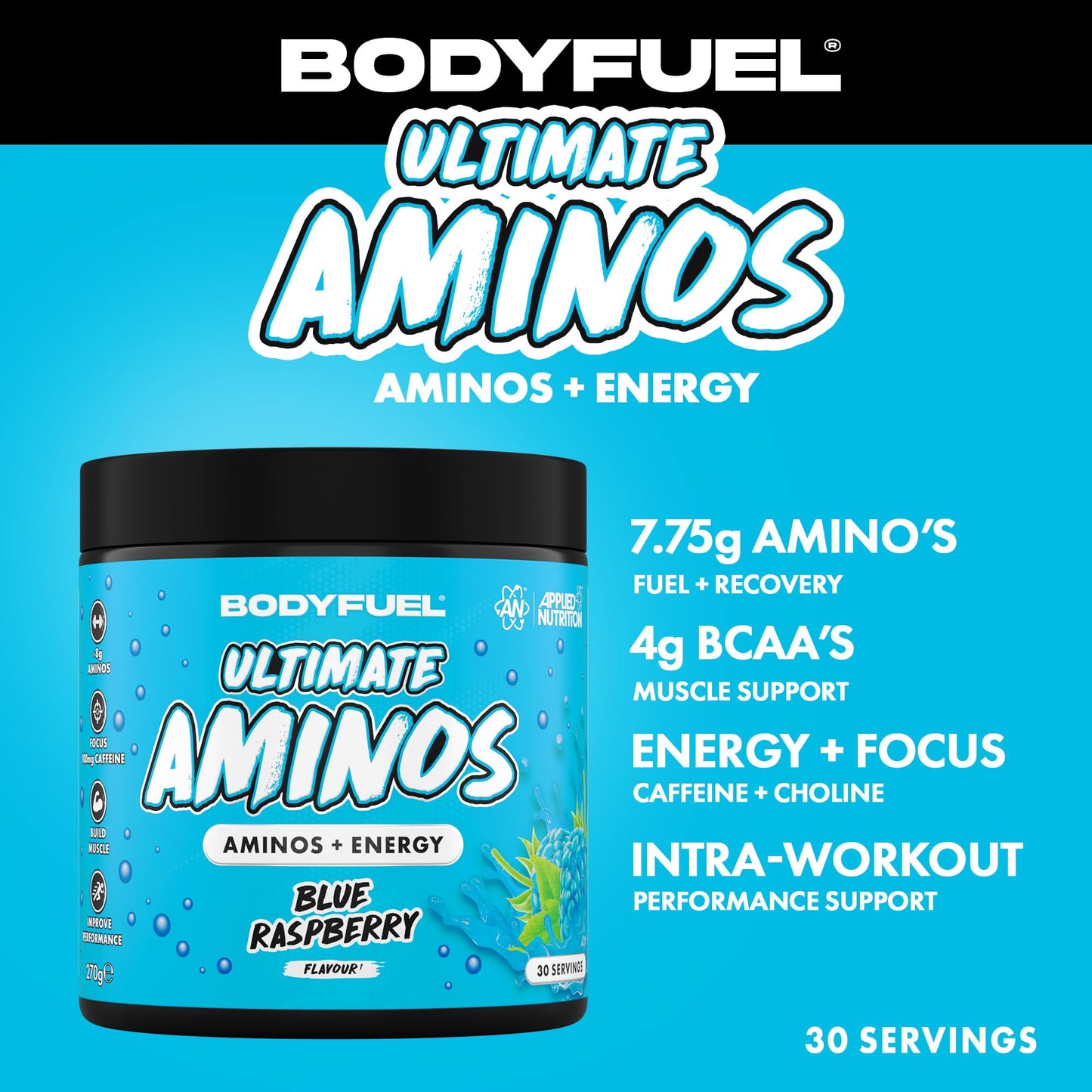 Applied Nutrition BodyFuel Amino's - Amino Acids Supplement, EAA Essential Amino Acids Powder, Muscle Fuel & Recovery (270g - 30 Servings) (Blue Raspberry)