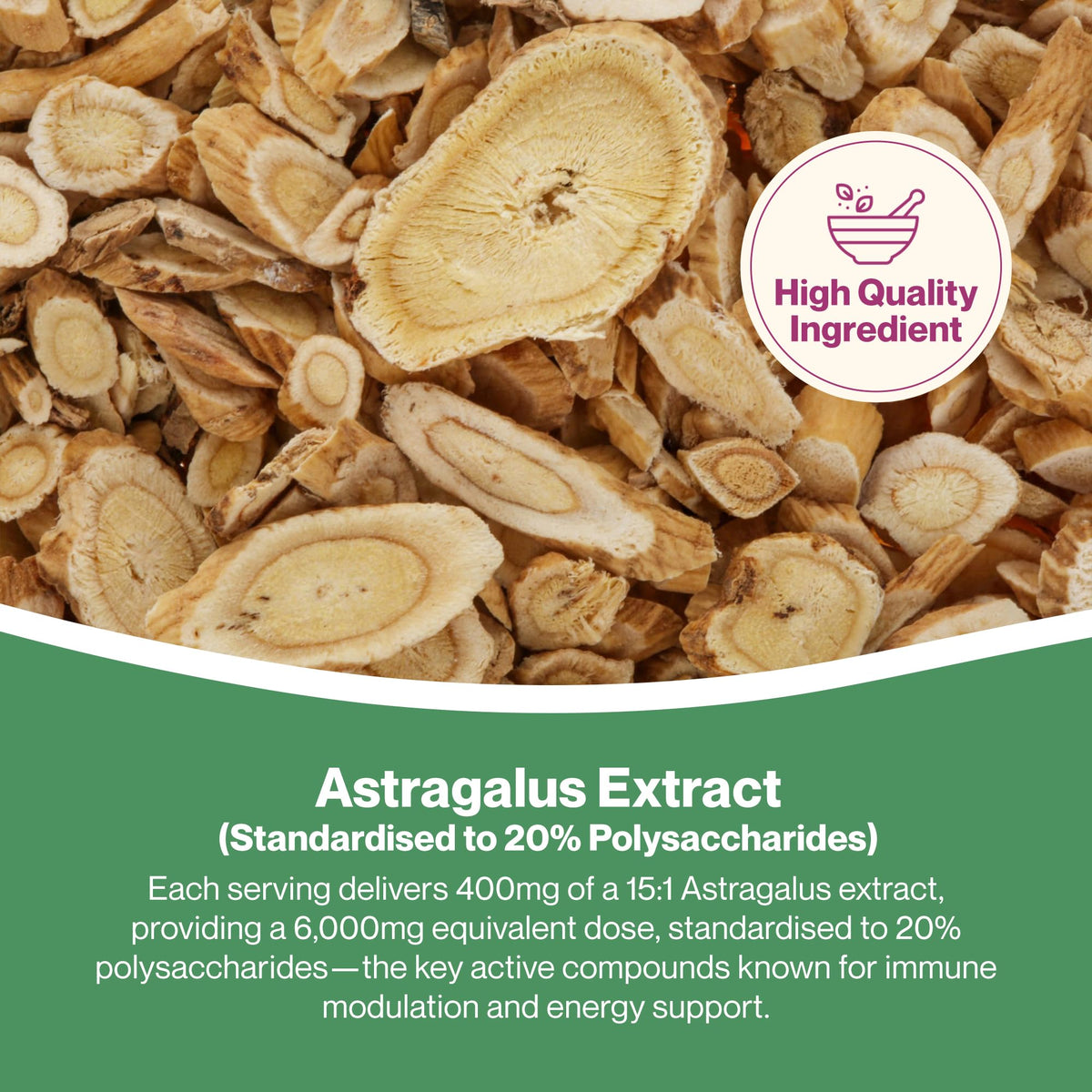 Hepatica Astragalus Membranaceus 6,000mg Equivalent | 400mg 15:1 Extract | Standardised to 20% Polysaccharides (80mg) | 120 Vegan Capsules | 3rd Party Lab Tested