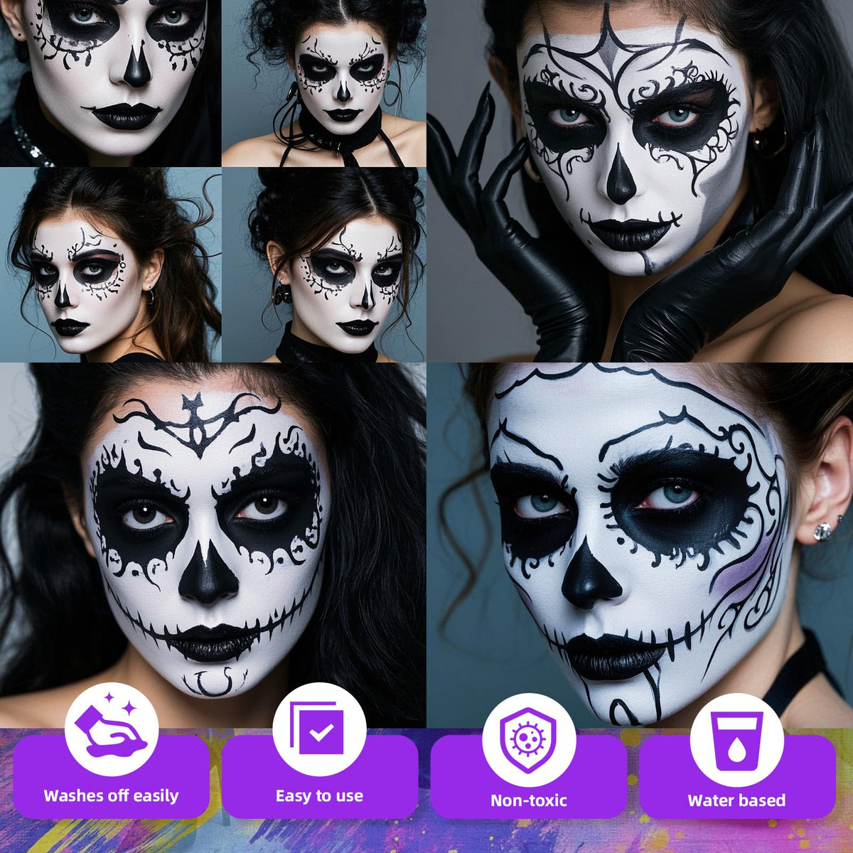 YBUETE Black Face Body Paint, Professional Paint for Halloween Cosplay Costume Party, Full-coverage Multi-Color Cream Makeup Blendable Body Painting for Adults Halloween Cosplay SFX Makeup Paint