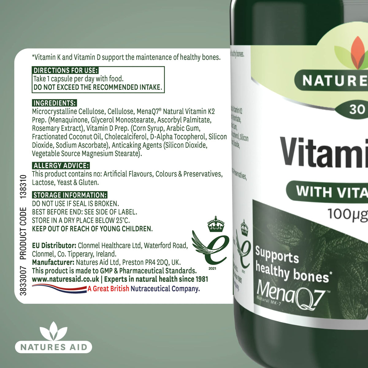 Natures Aid Vitamin K2 100mcg with Vitamin D3 – High Strength MenaQ7 Formula – Supports Bone Strength, Calcium Absorption, Muscle Function – Vegan, Gluten Free, Non-GMO – 30 Capsules