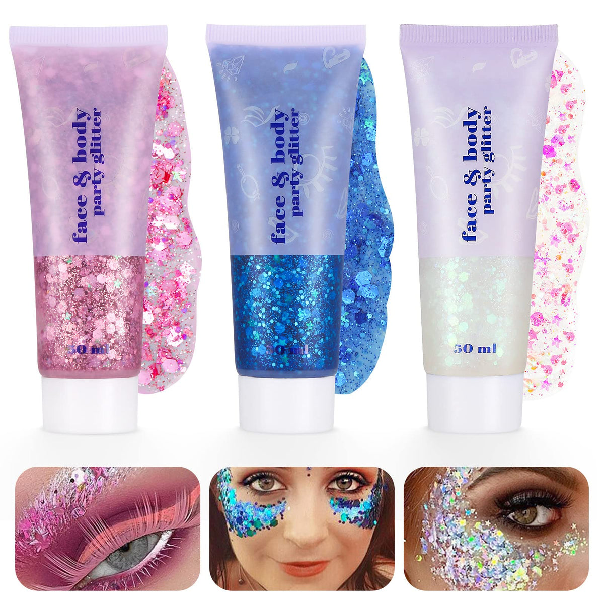Dacitiery 3Pcs Body Glitter Gel Kit, 50ml Mermaid Sequins Chunky Glitter Liquid Gel for Face, Body, Eye, Hair, Nail DIY Art Festival Party Makeup Decoration