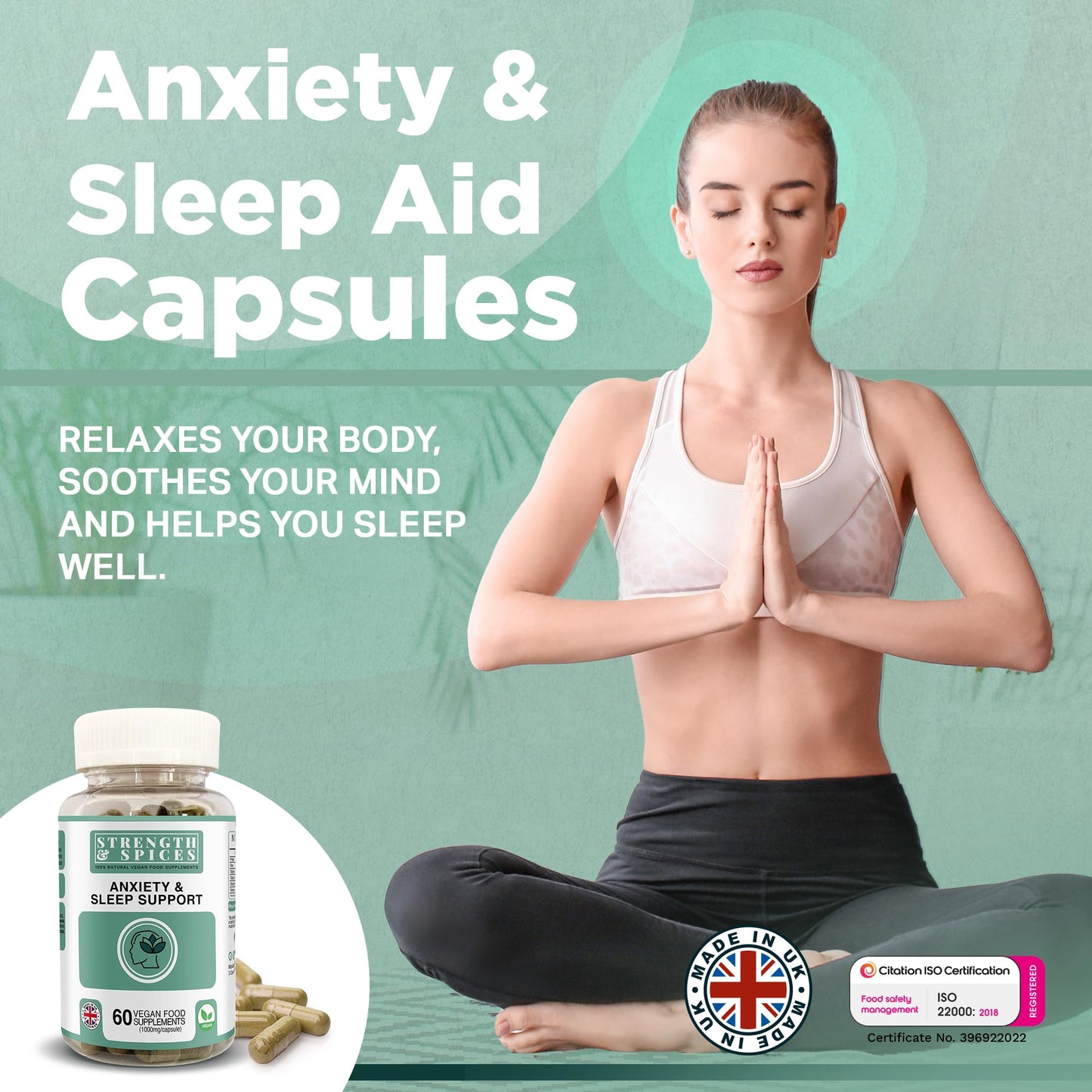 STRENGTH & SPICES100% Natural Vegan Food Supplements Strength & Spices Anxiety & Sleep Support, Anxiety Relief Supplement, Ashwagandha Capsules with 20 Powerful Ingredients, Plant-Based Formulation for Mood and Immune Boost, 1000mg, 60 Capsules