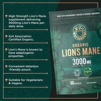Lions Mane Supplement 3000mg | Organic | High Strength Mushroom Supplement | from Fruit Body | 90 Vegan Capsules | by Wiseshrooms