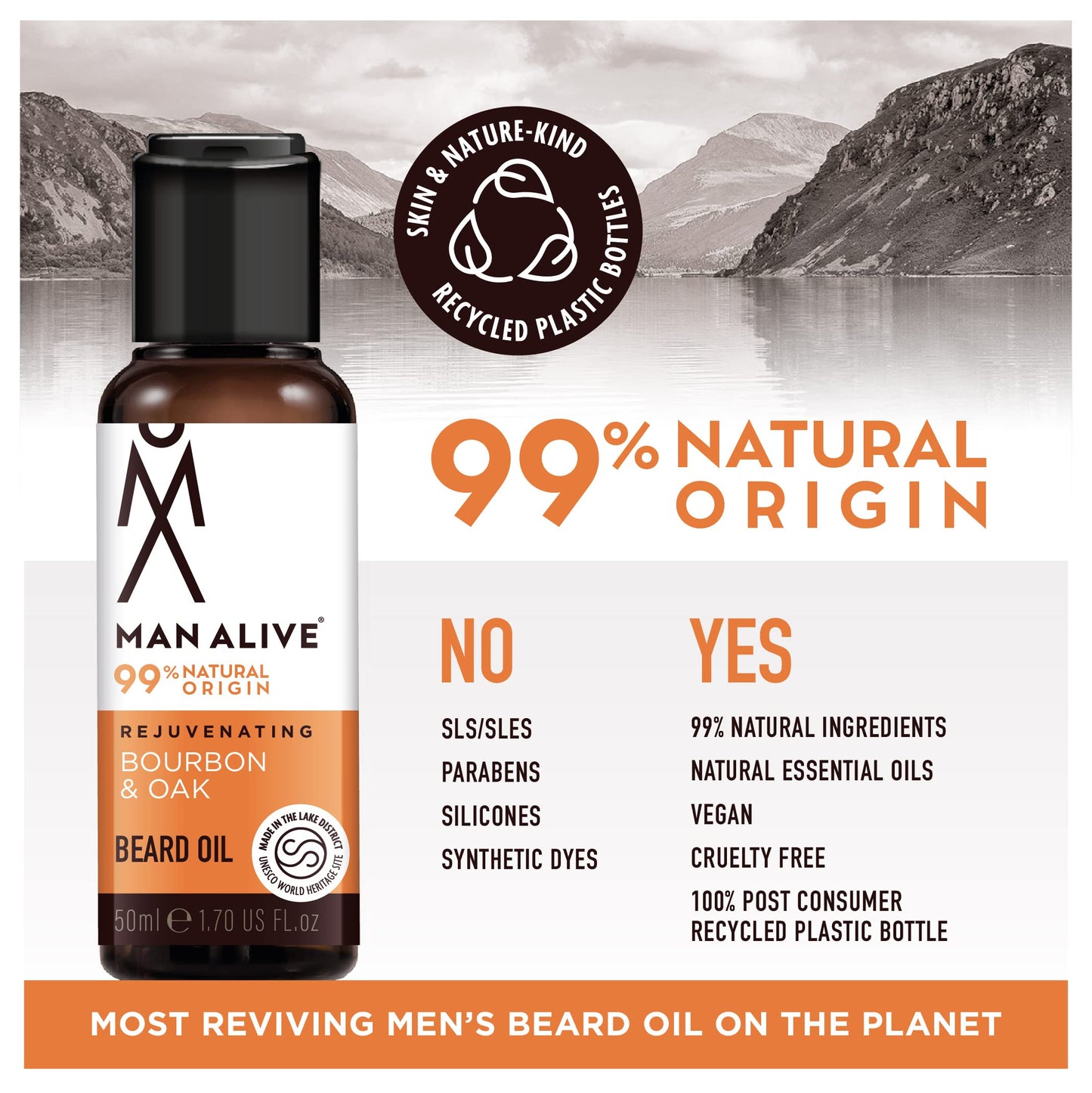 MAN ALIVE Beard Oil for men by Man Alive 99% Natural skincare 50ml with Oatmeal, Argan Oil, Jojoba Oil & Almond Oil, gifts for men softens facial hair mens gifts birthday gifts for him (Bourbon & Oak)
