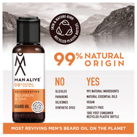 MAN ALIVE Beard Oil for men by Man Alive 99% Natural skincare 50ml with Oatmeal, Argan Oil, Jojoba Oil & Almond Oil, gifts for men softens facial hair mens gifts birthday gifts for him (Bourbon & Oak)