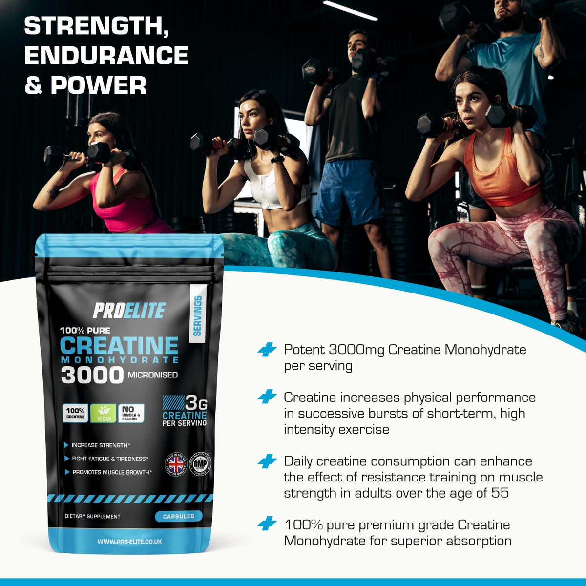 Creatine Capsules x 60 Vegan 3000mg of Unflavoured Creatine Monohydrate per Serving, NO FILLERS & Binders Micronised Pure Creatine Tablets Alternative by PROELITE