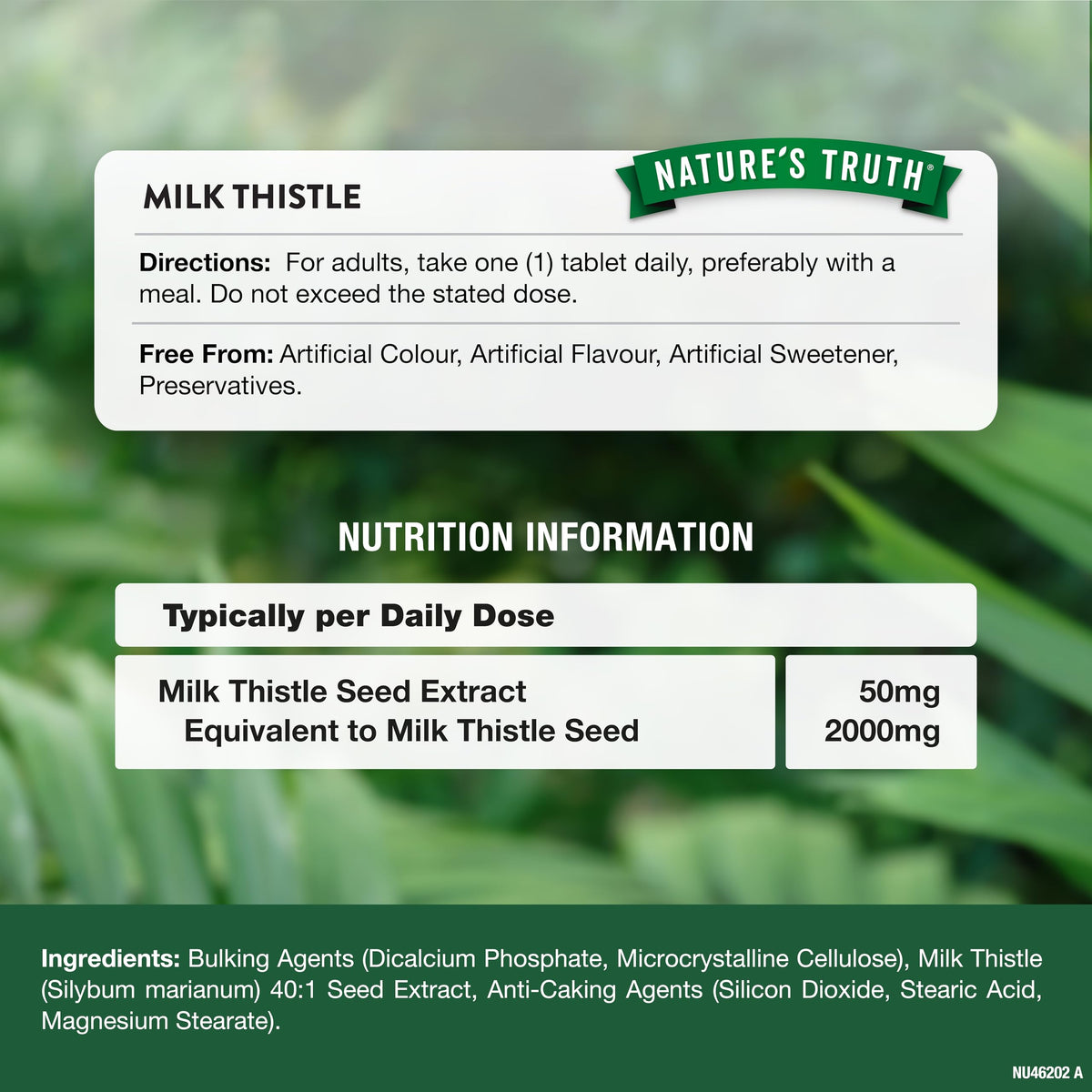 Milk Thistle High Strength Tablets 2000mg | 40:1 Seed Extract Supplement | 2 Months Supply | Silybum Marianum | 60 Vegan Tablets | Nature's Truth