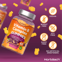 Vitamin B Complex Gummies | 60 Vegan Gummies - Tablet Alternative | High Strength B12, B6, B12, B2, B3, B5, Biotin, Folic Acid, Zinc and Iodine Supplement | by Horbaach