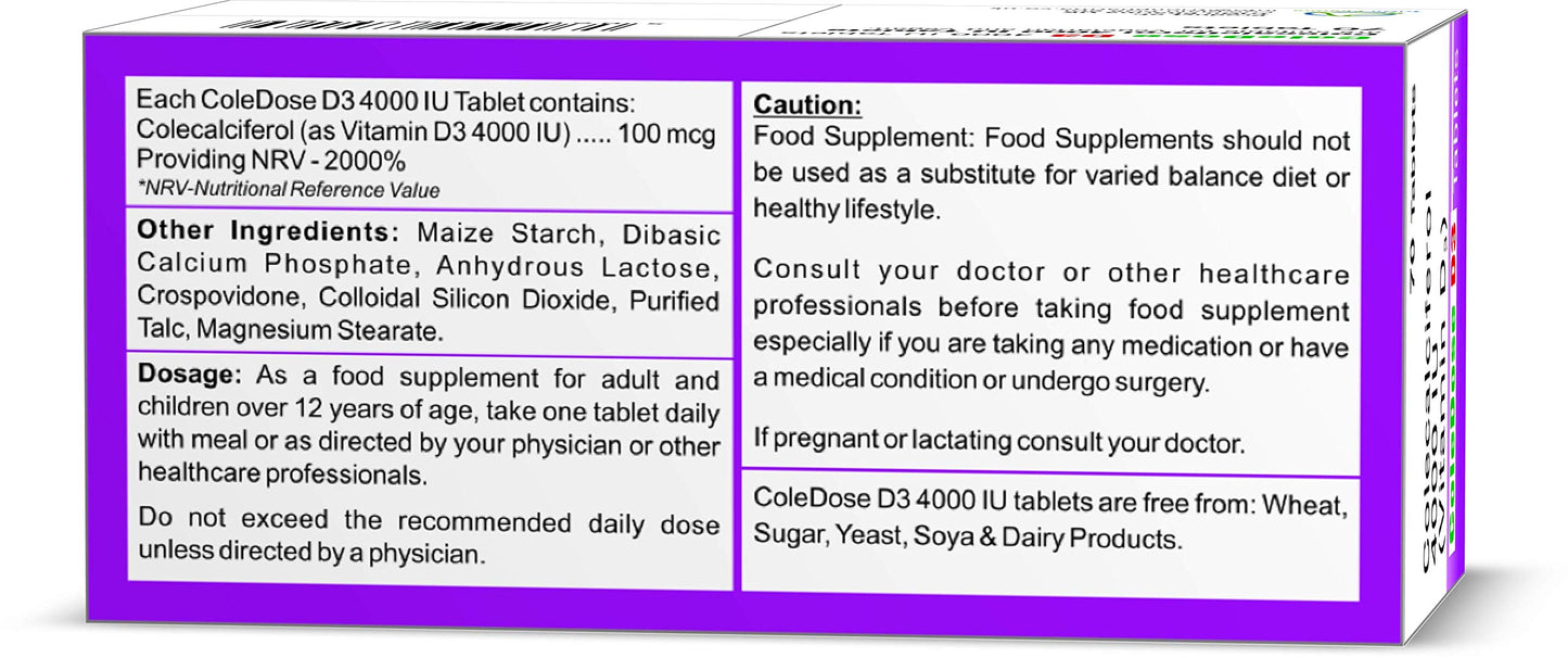 Vitamin D 4000 IU –Equivalent to 100 mcg - ColeDose D3, Premium Vitamin - Easy Swallow 70 Tablets - One a Day