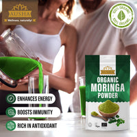 AUSHA Ausha Organic Moringa Powder 100 g - UK Certified Organic by Soil Association - Oleifera Leaf - Source of Protein, Amino Acids, Antioxidants, Dietary Fibre, Vitamins & Minerals