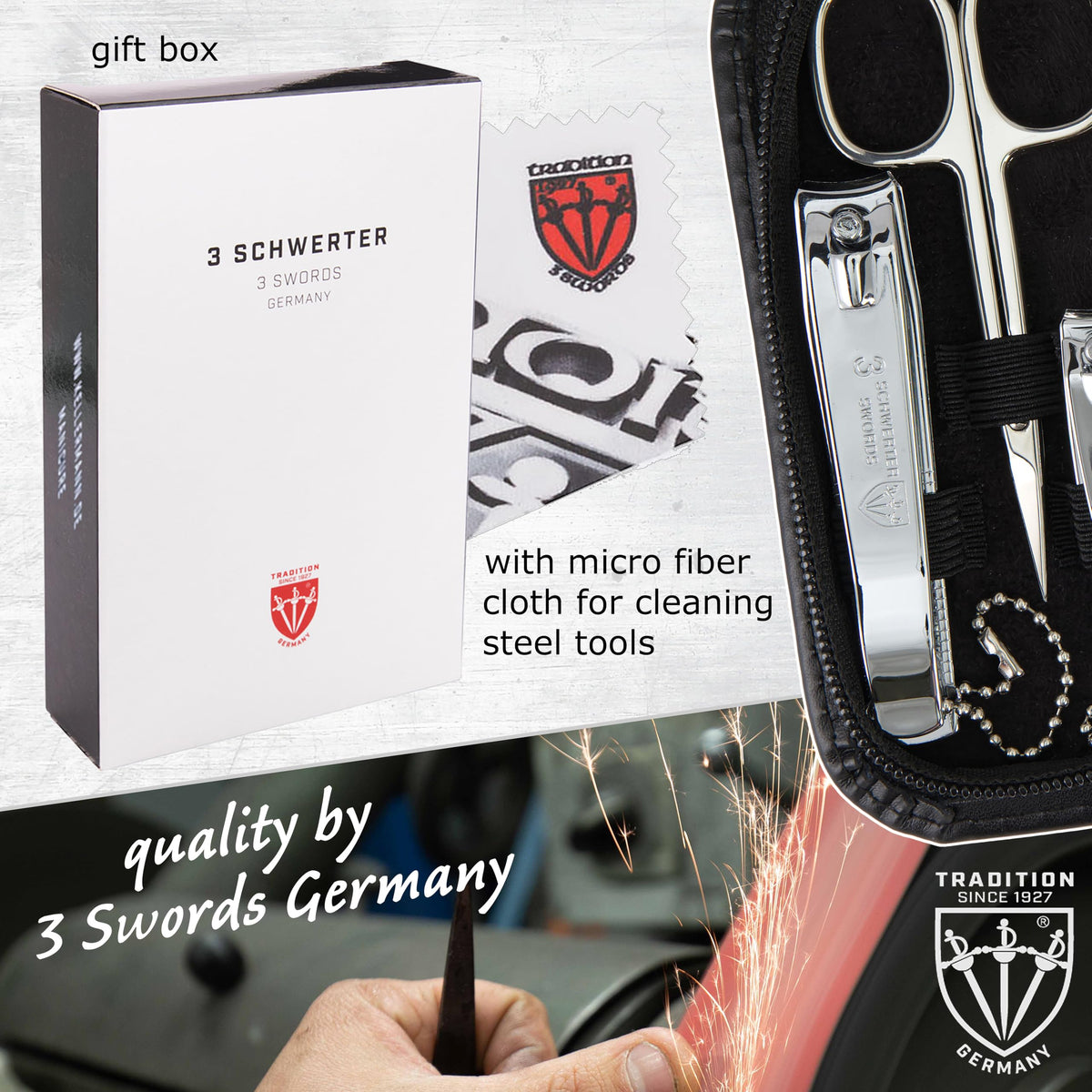 3 Swords Germany - brand quality 8 piece manicure pedicure grooming kit set for daily nailcare genuine leather case black in gift box - Made by 3 Swords