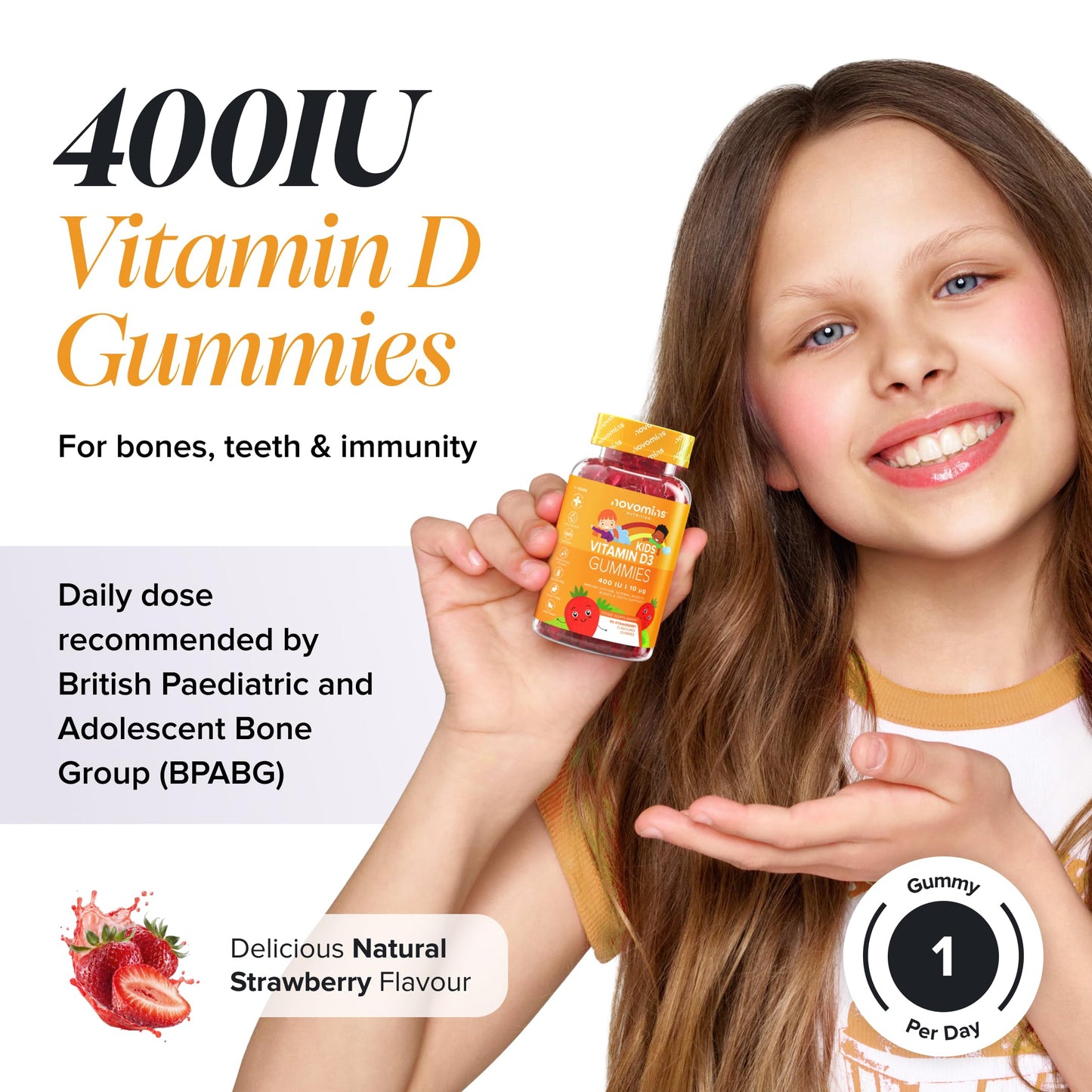 novomins Kids Vitamin D Gummies - 3 Month Supply - 400 IU Vitamin D3 - Alternative to Vitamin D3 Tablets & Spray - Gluten-Free Kids Vitamins for Bones & Teeth - Novomins