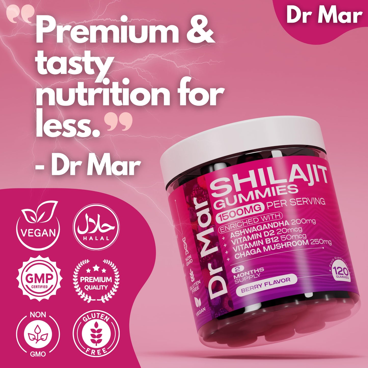 Dr Mar Premium Shilajit Gummies MAX 1500mg - 120 Gummies - 200mg Ashwagandha + 250mg Chaga Mushroom + 20mcg D2 + 50mcg B12 (2 Months Supply)