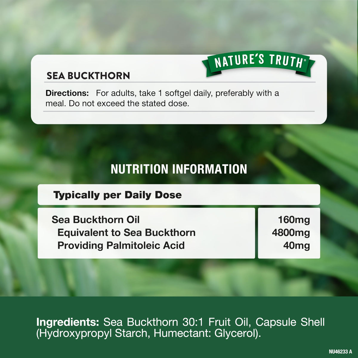 Sea Buckthorn Oil Capsules 4800mg | Providing Vegan Omega 7 Fatty Acids | 2-Month Supply | High Strength Supplement | 60 Softgels | Nature's Truth