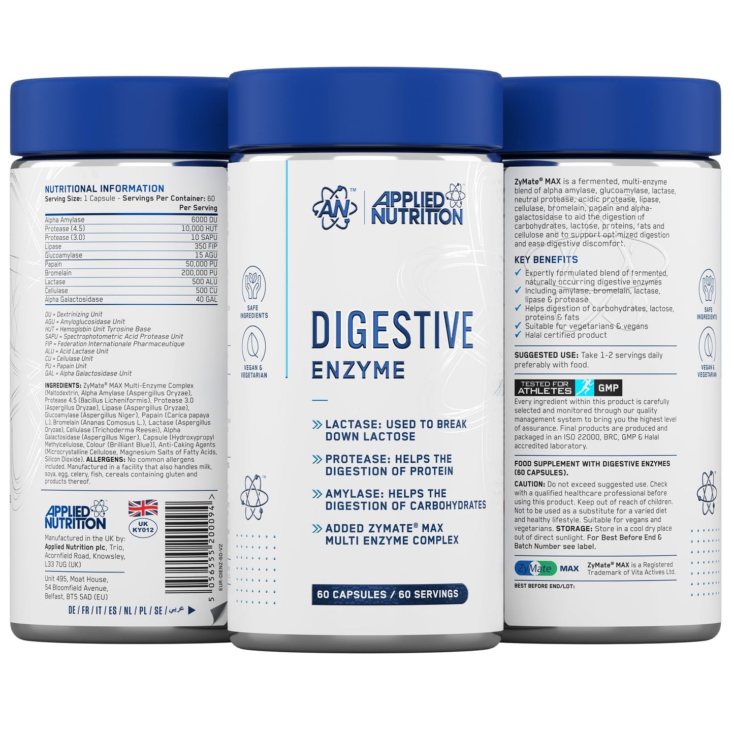 Applied Nutrition Digestive Enzyme - Vegan Digestive Enzymes Capsules, with Lactase, Protease, Amylase, Aids Digestion of Carbohydrates, Lactose, Proteins, Fats, for Flatulence Control (60 Servings)
