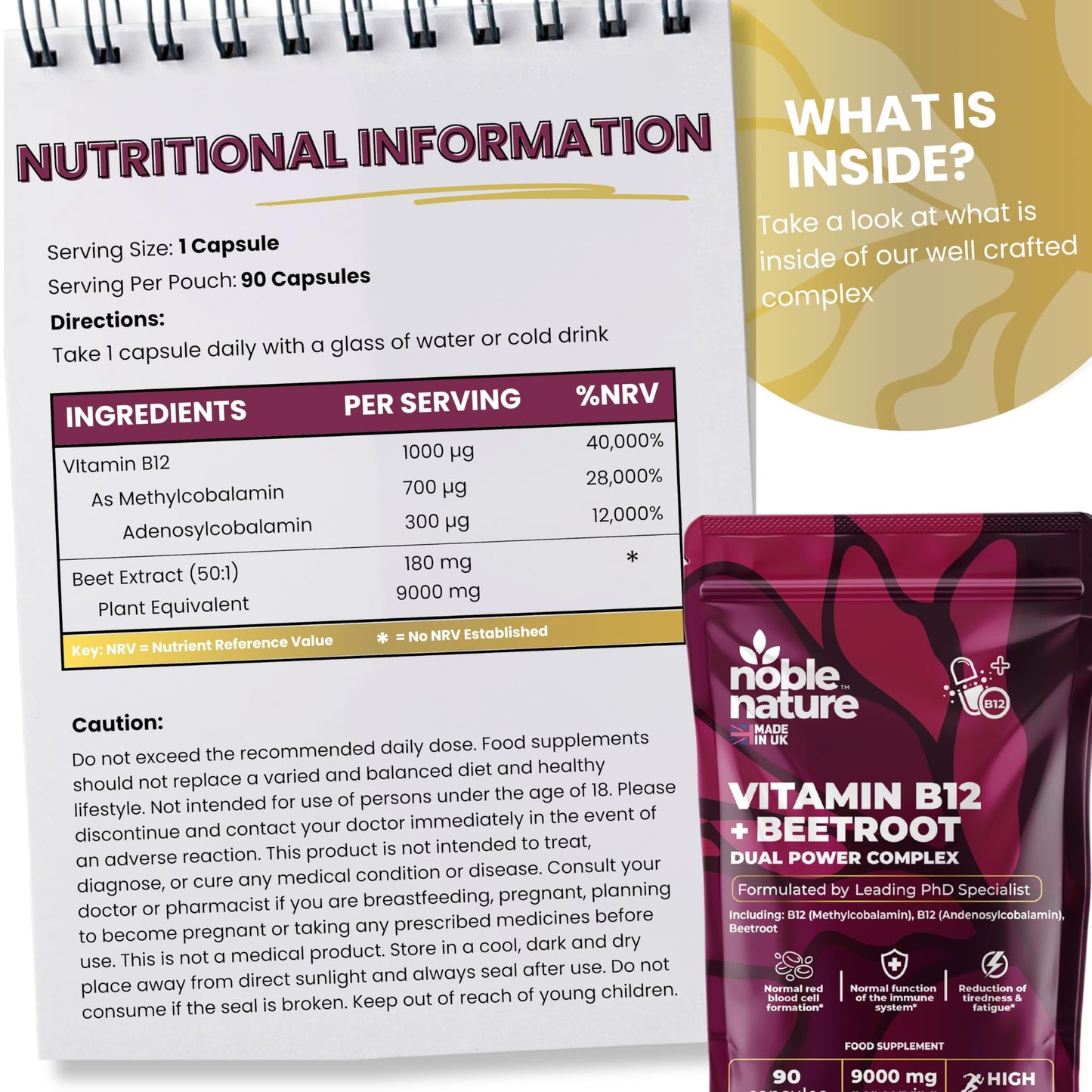Beetroot & Vitamin B12 Complex – 9000mg Beetroot + 1000mcg Dual B12 (Methylcobalamin & Adenosylcobalamin) – Energy & Immune Support – 90 Vegan Capsules – UK Made (90)