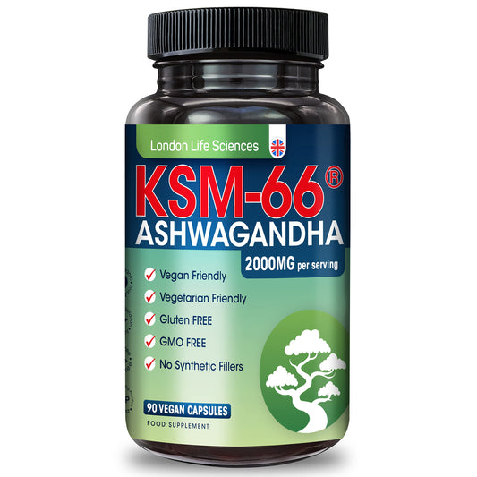LONDON LIFE SCIENCES London Life Sciences® Organic Vegan Ashwagandha KSM-66® 90 Capsules - (Highest Concentration) 2000mg Servings & 5% Withanolides - Best Bioavailability Enhanced KSM 66 + Withania Somnifera (Made in UK)