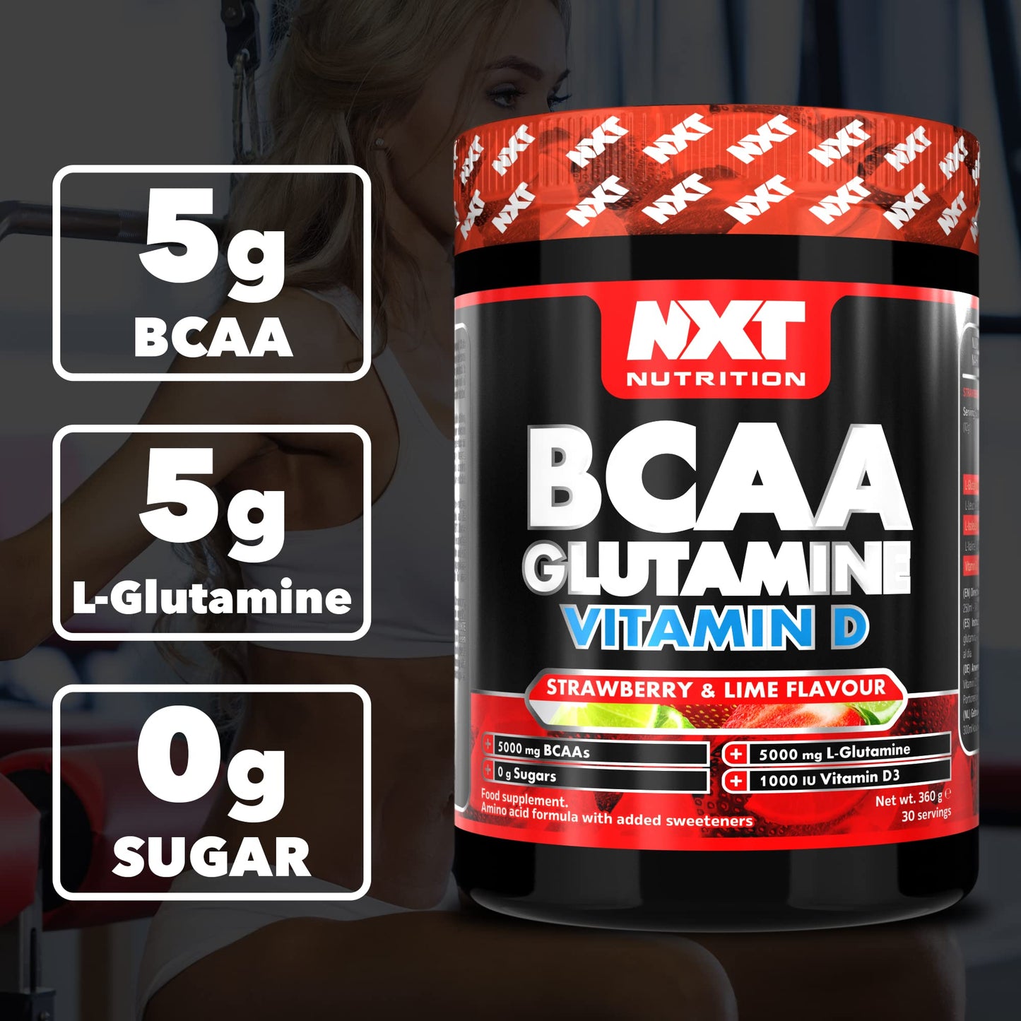 NXT Nutrition BCAA, Glutamine & Vitamin D | BCAAs Amino Acids with Vitamin D3 and L-Glutamine - for Recovery, Gut Health and Muscle Protein Synthesis | 360g - 30 Servings (Strawberry Lime)