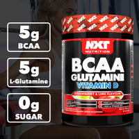 NXT Nutrition BCAA, Glutamine & Vitamin D | BCAAs Amino Acids with Vitamin D3 and L-Glutamine - for Recovery, Gut Health and Muscle Protein Synthesis | 360g - 30 Servings (Strawberry Lime)