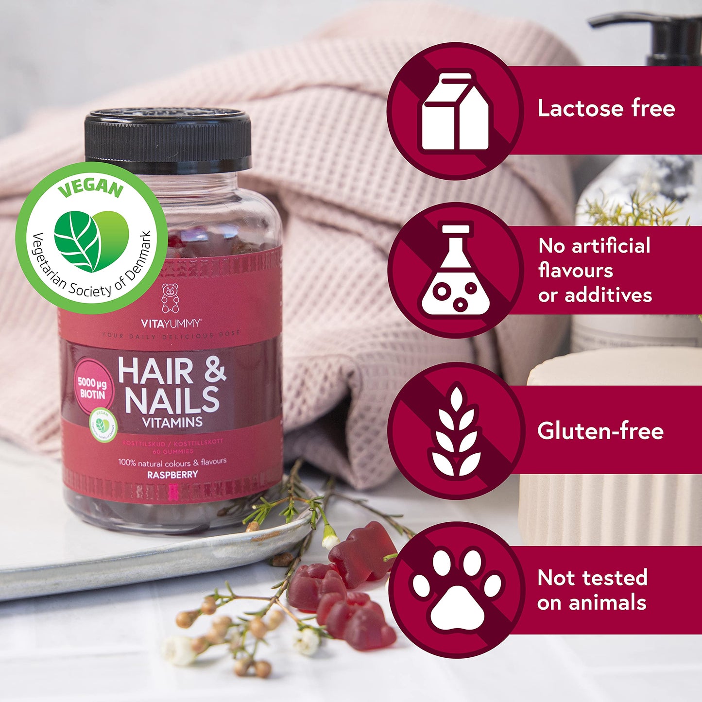 VITAYUMMY Vegan Hair Skin and Nails Vitamins for Women - Multivitamin Gummies Biotin Hair Growth Supplement - Vitamin A C D E B6 B12 Folic Acid & More - Chewable Raspberry Flavored Hair Vitamins