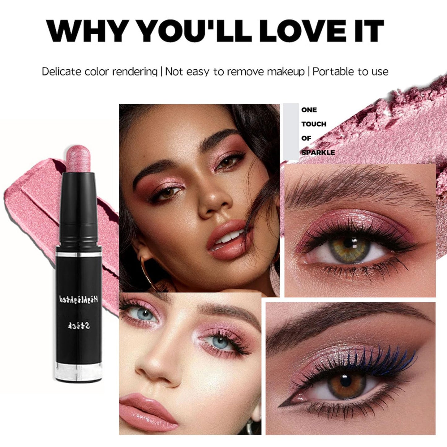 LYNTYAOU Rose Pearl Pink Shimmer Eyeshadow Stick, Bright Pink Color Pen, Metallic Mermaid Cream Eye Shadow Crayon, Pearlescent Glitter Eyeshadows Pencil, High Pigmented Eyeliner Smooth for Eyes Makeup