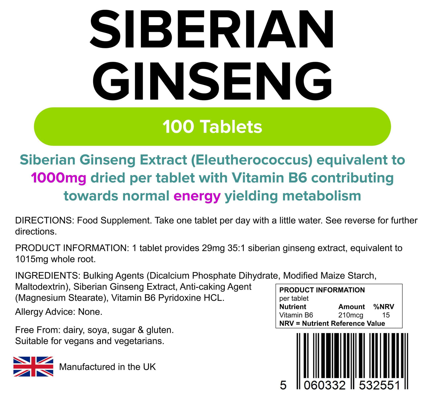 Lindens Siberian Ginseng Root 1000mg 3-Pack 300 Tablets with Vitamin B6 Eleutherococcus Natural