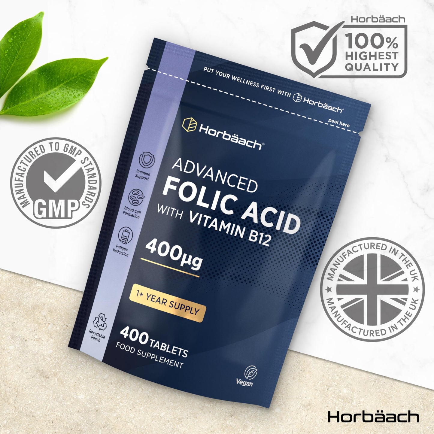 Horbäach Folic Acid Tablets 400mcg | 400 Count (1+ Year Supply) | with Added 5mcg of Vitamin B12 Cyanocobalamin | Pregnancy Support | Suitable for Vegans | By Horbaach