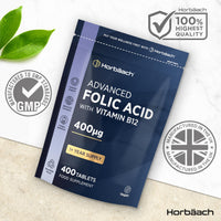 Horbäach Folic Acid Tablets 400mcg | 400 Count (1+ Year Supply) | with Added 5mcg of Vitamin B12 Cyanocobalamin | Pregnancy Support | Suitable for Vegans | By Horbaach