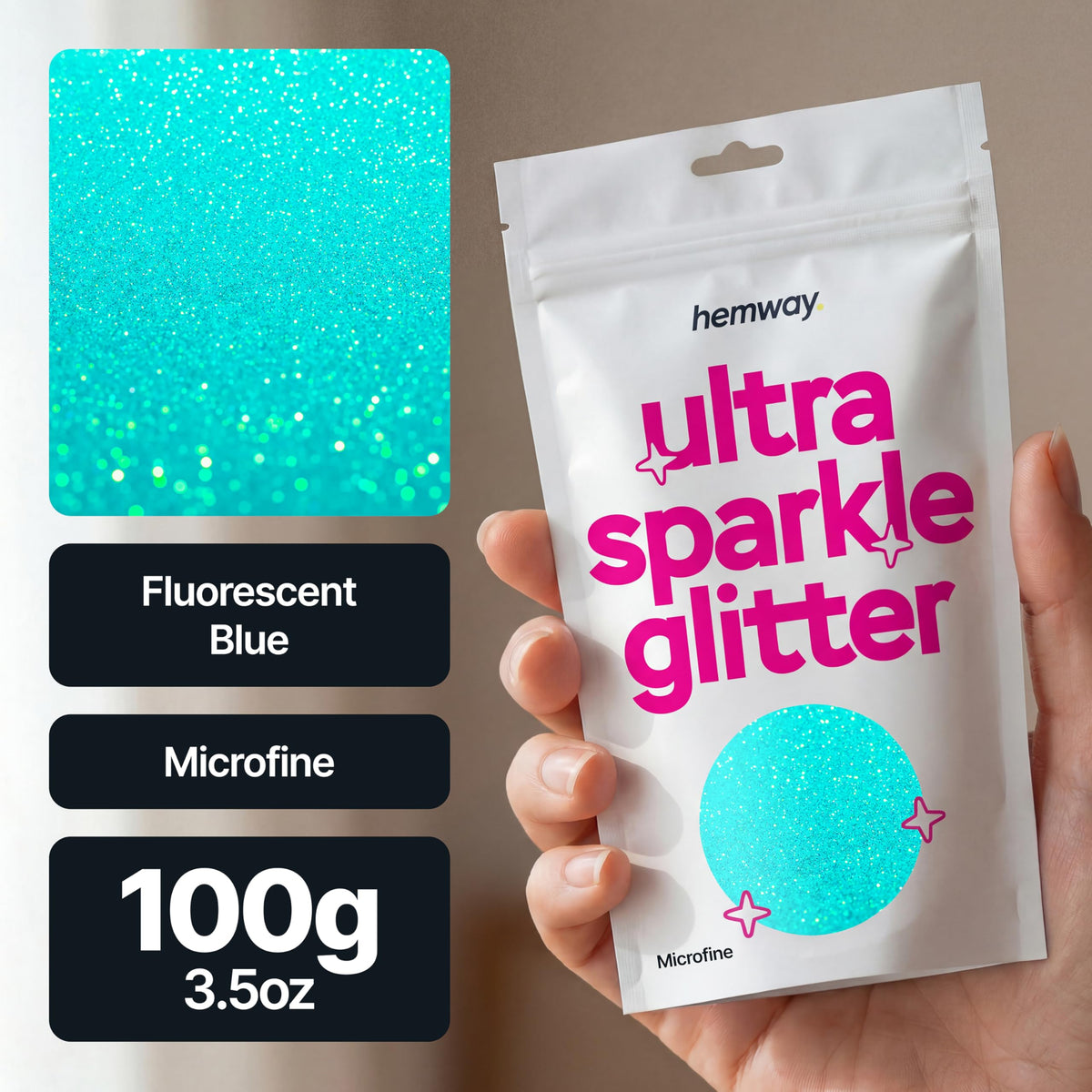 Hemway Ultra Sparkle Glitter Fluorescent Blue 100g Microfine | Glitter for Arts & Craft, Makeup, Nail Art, Crafting, Card Making, Sparkle Decoration