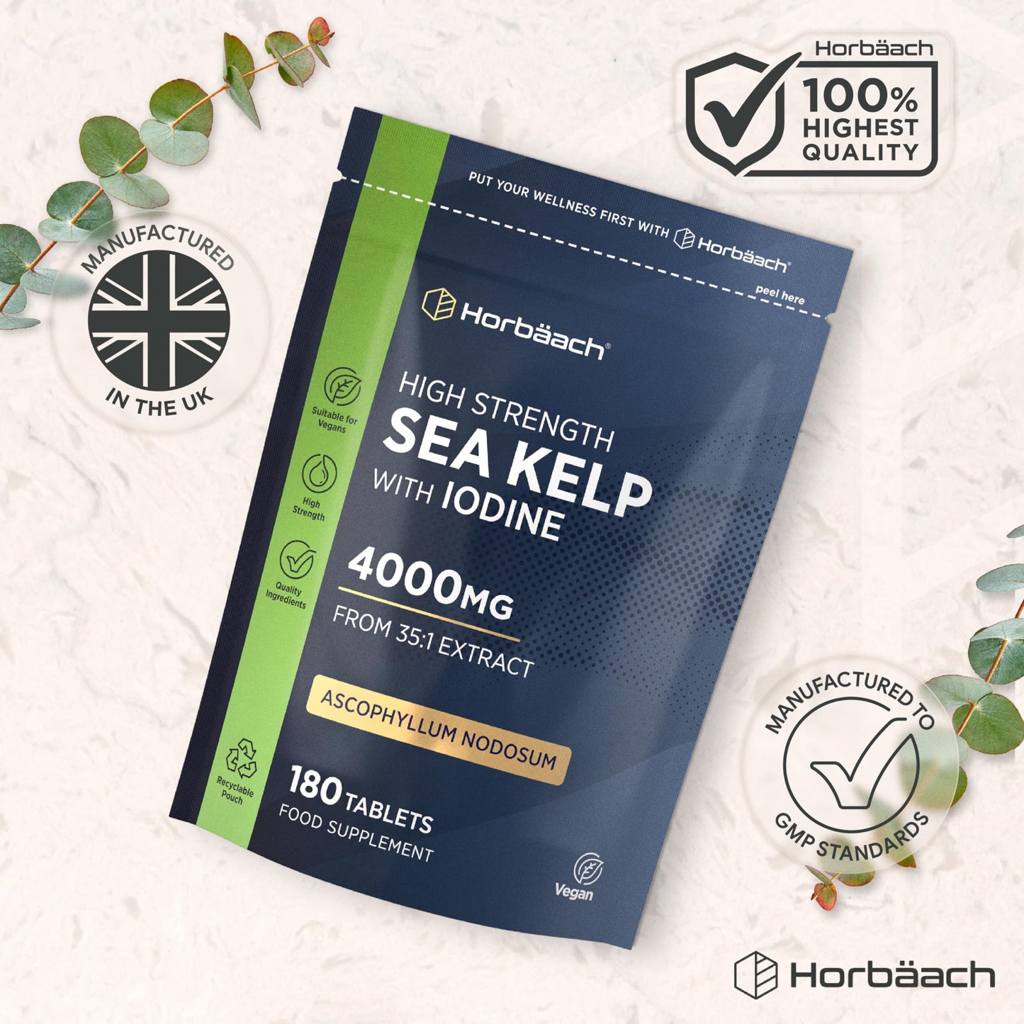 Horbäach Sea Kelp Tablets 4000mg | Natural Source of Iodine | 3 Months Supply | High Strength Kelp Extract | 180 Vegan Tablets | by Horbaach