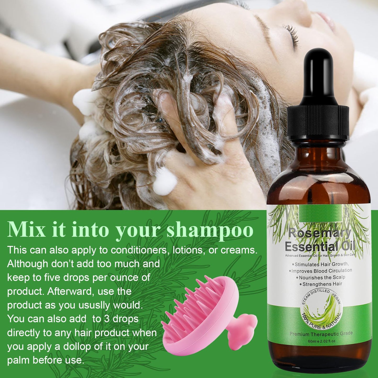 JCZQDRPC Organic Rosemary Oil for Hair Growth with Scalp Massager, 60ml Natural Organic Rosemary Essentia Oil, Pure Essential Oil for Skin & Hair Care, Hair Loss Treatment for Hair