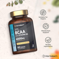 Horbäach BCAA Tablets | 4000mg BCAA per Serving | 3 Months Supply | Essential Amino Acid Supplement with Vitamin B6 | 365 Vegan Tablets | BCAA Powder and Capsules Alternative Pre Workout | by Horbaach