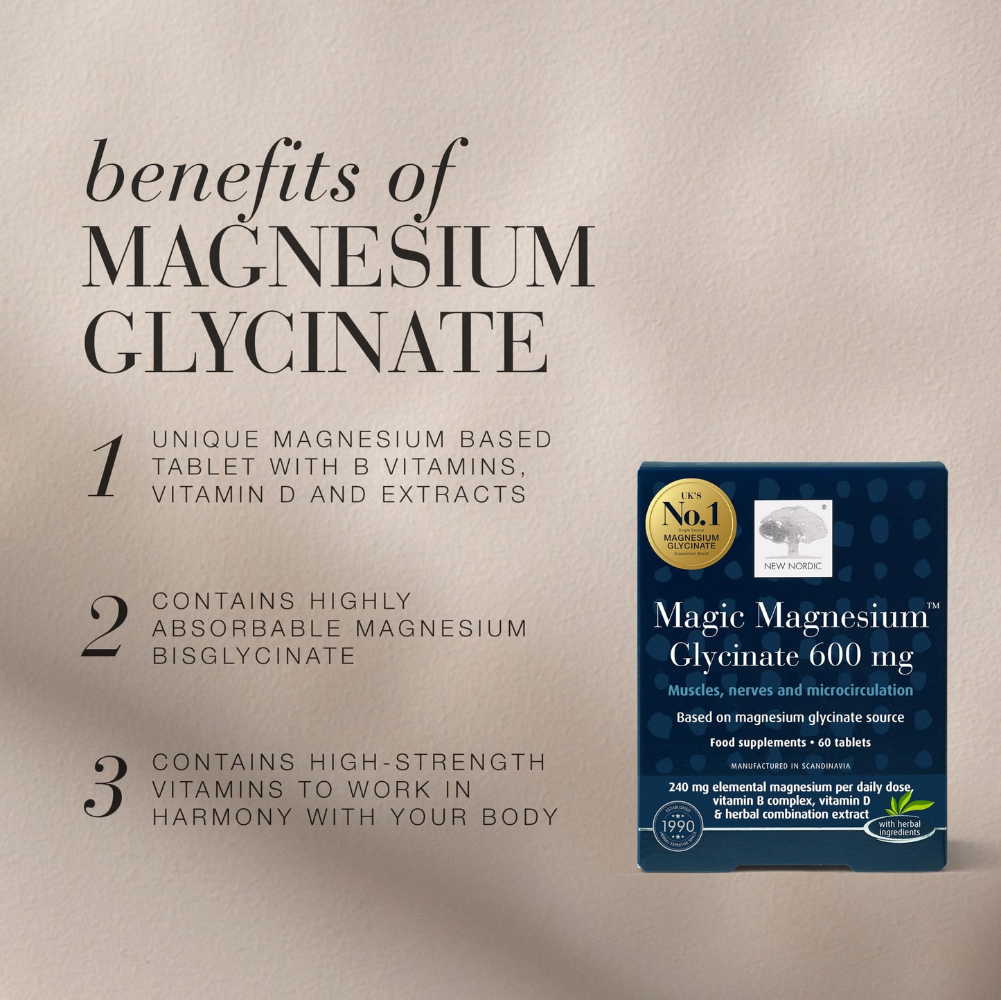 New Nordic Ltd New Nordic Magnesium Glycinate 600mg Sleep Nerve & Electrolyte Balance 60ct