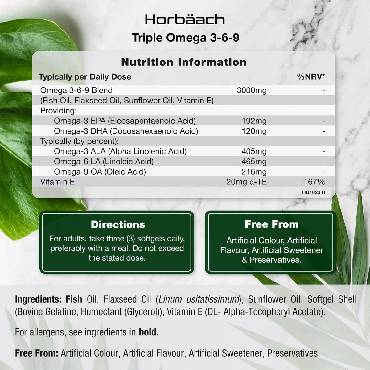 Horbäach Triple Omega 3 6 9 Capsules 3000mg ALA, LA & OA | 240 Softgels | High Strength EPA & DHA Essential Fatty Acids | Supplement with Fish Oil, Flaxseed & Sunflower Oil | by Horbaach