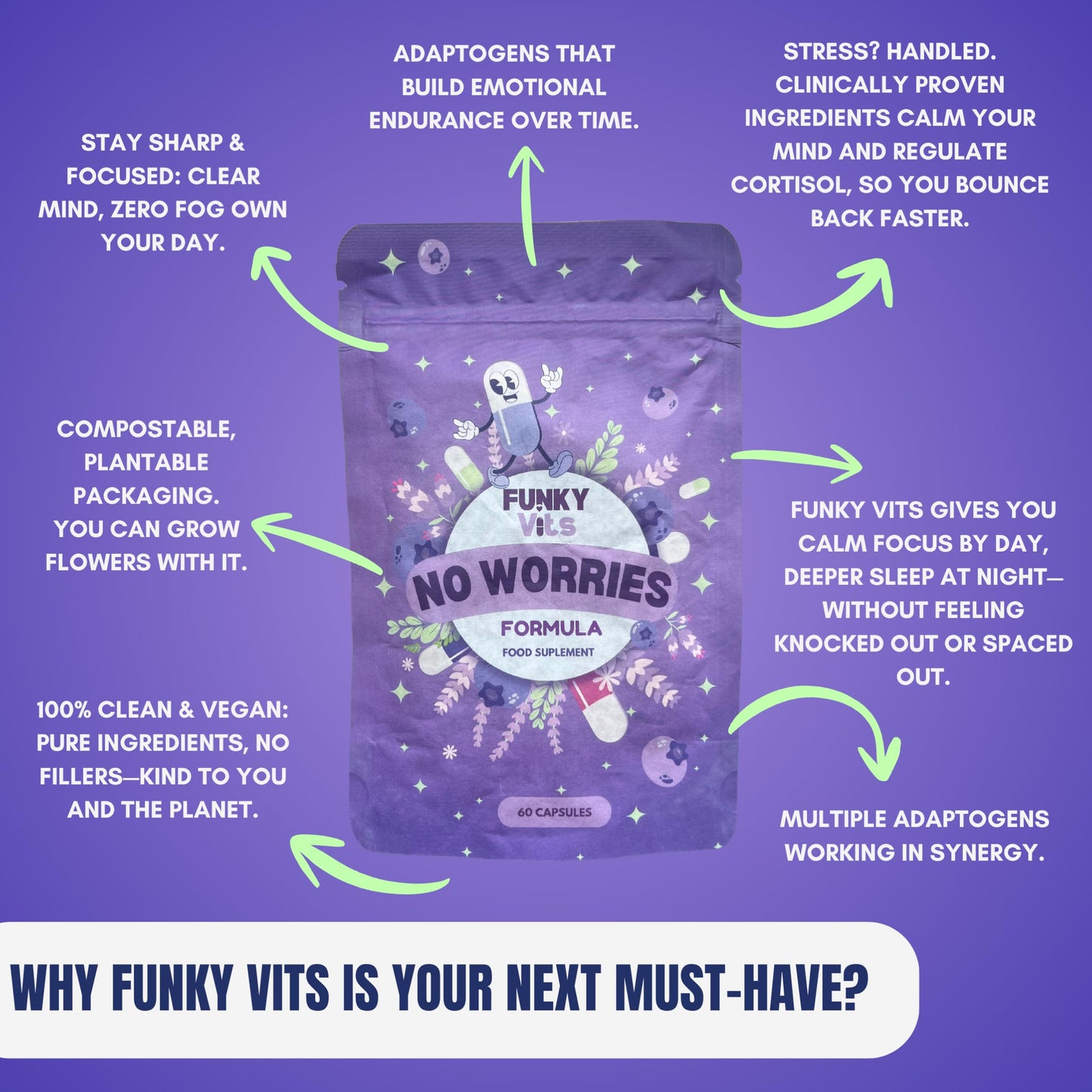 Funky Vits - “No Worries Formula” - Natural Stress Relief Capsules (Vegan, UK‑Made) - 60 Caps - 1 Month Supply