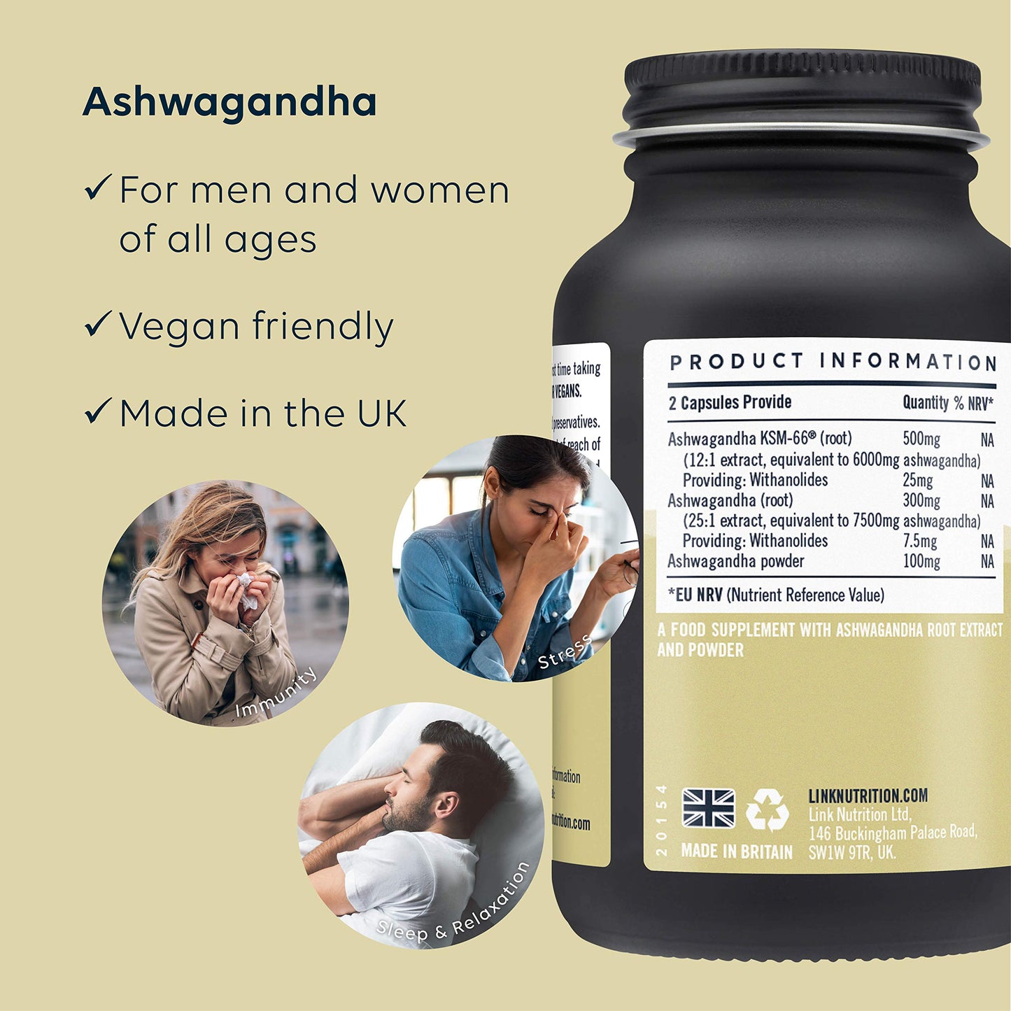 Ashwagandha Root Extract | 32.5mg Active Withanolides | Each dose is Made from Over 13.5 Grams Ashwagandha Root | High Strength | Vegan | 60 Capsules | Link Nutrition