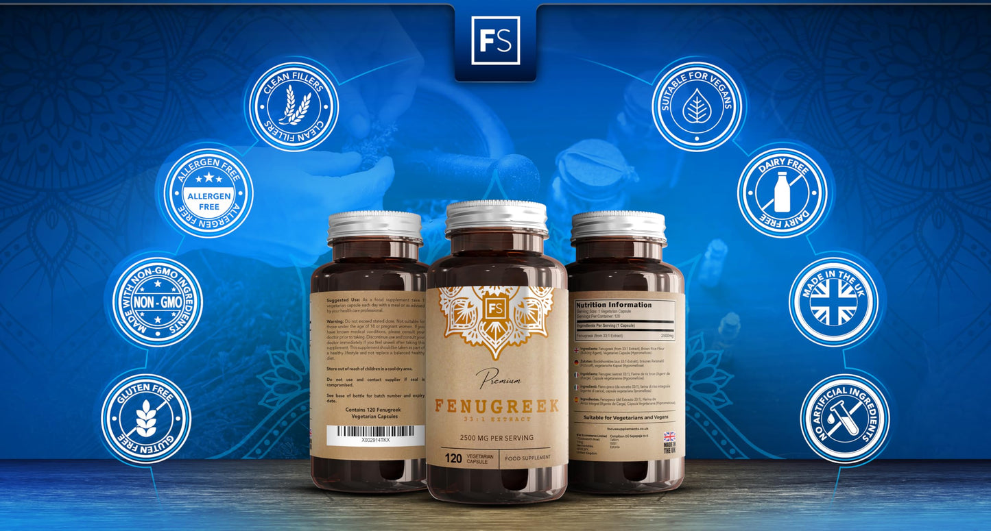Focus FS Fenugreek | 120 High Strength Fenugreek Capsules - 2500mg (from 33:1 Extract) per Serving | Fenagreek Supplement | Non-GMO, Gluten & Allergen Free | Made in The UK
