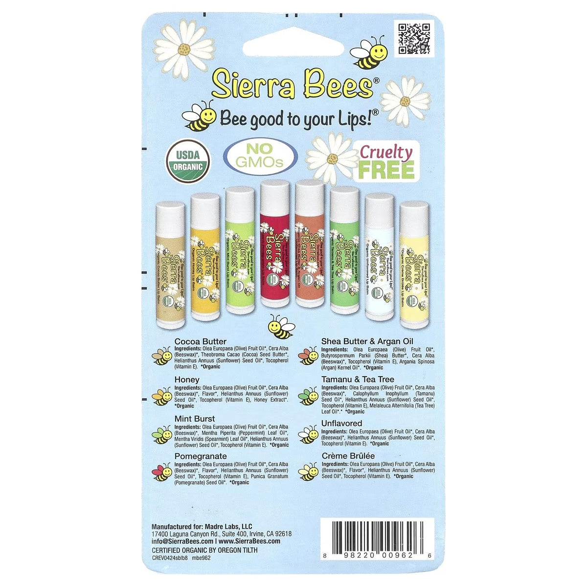Organic Lip Balm - Variety 8 Pack by Sierra Bees - Cocoa Butter, Honey, Mint Burst, Pomegranate, Shea Butter & Argan Oil, Tamanu & Tea Tree, Unflavoured and Vanilla