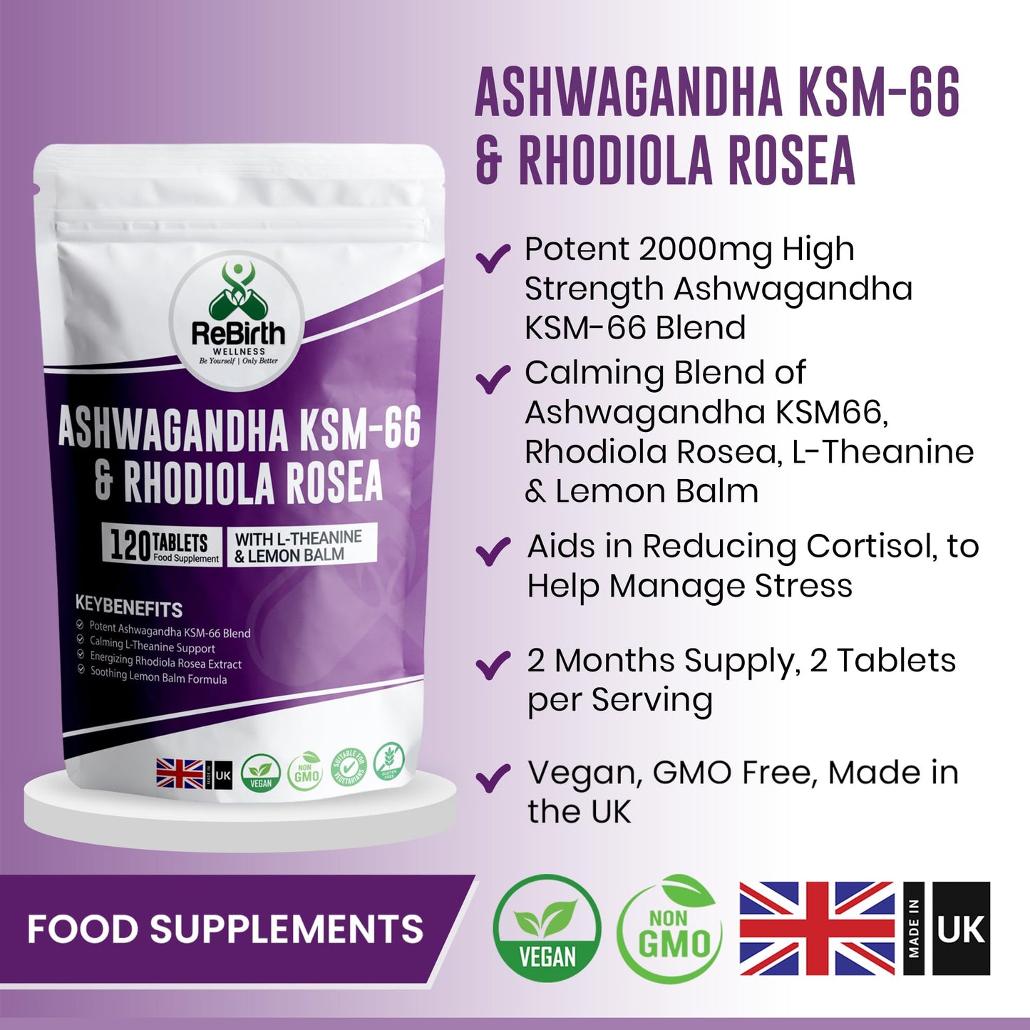 Ashwagandha High Strength KSM 66 Complex - 2000mg Enhanced with Rhodiola Rosea, L Theanine & Lemon Balm for Sleep Aid & Calm - 120 Ashwagandha KSM 66 Tablets - Vegan Supplement, Made in UK