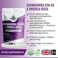 Ashwagandha High Strength KSM 66 Complex - 2000mg Enhanced with Rhodiola Rosea, L Theanine & Lemon Balm for Sleep Aid & Calm - 120 Ashwagandha KSM 66 Tablets - Vegan Supplement, Made in UK