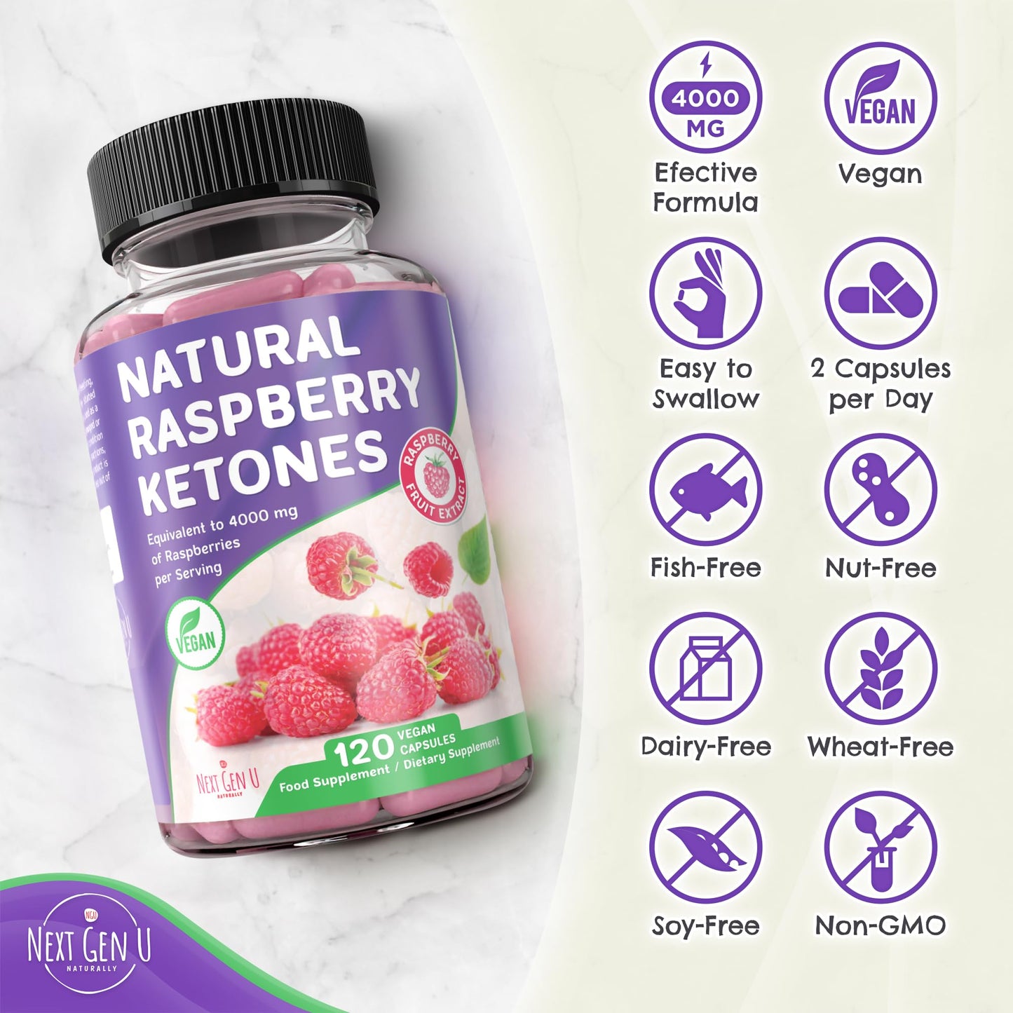 NGU Next Gen U Raspberry Ketones - 4000 mg, 120 Capsules - Food Supplement - to Support Natural Health Management for Adults - by NextGenU