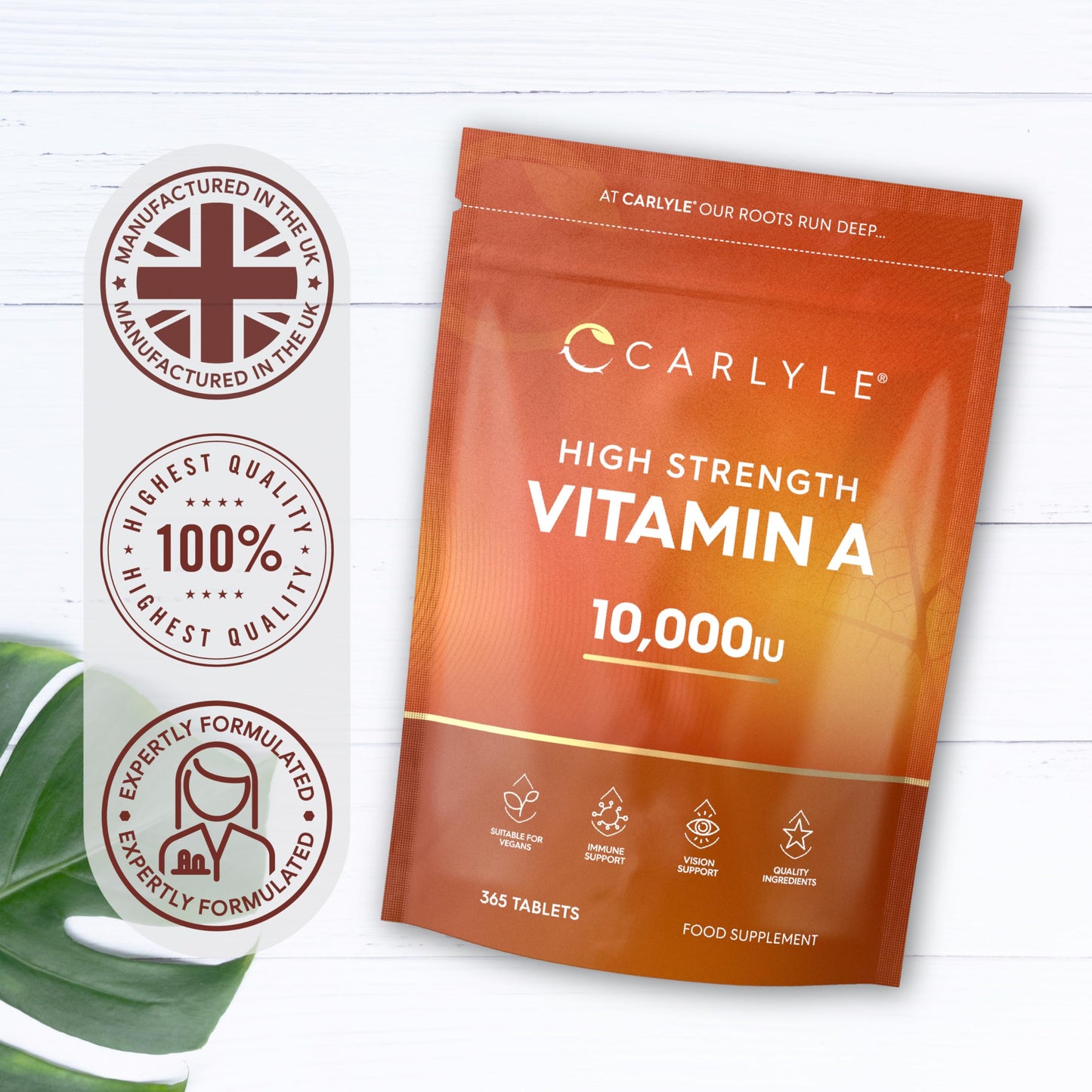 Vitamin A Tablets 10000 IU | 365 Count (1 Year Supply) | Vitamin A as Retinol Acetate | High Strength | Vegan and Vegatarian | By Carlyle